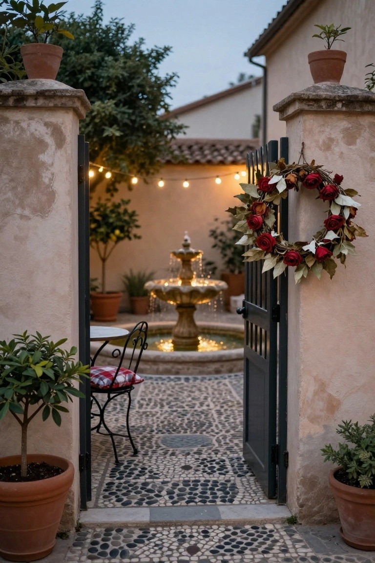 Black wrought iron gate adorned with a large red rose and leaf wreath, open to a stone-paved courtyard featuring a lit fountain, potted plants, a bistro table with red cushions on a chair, and string lights along the walls.