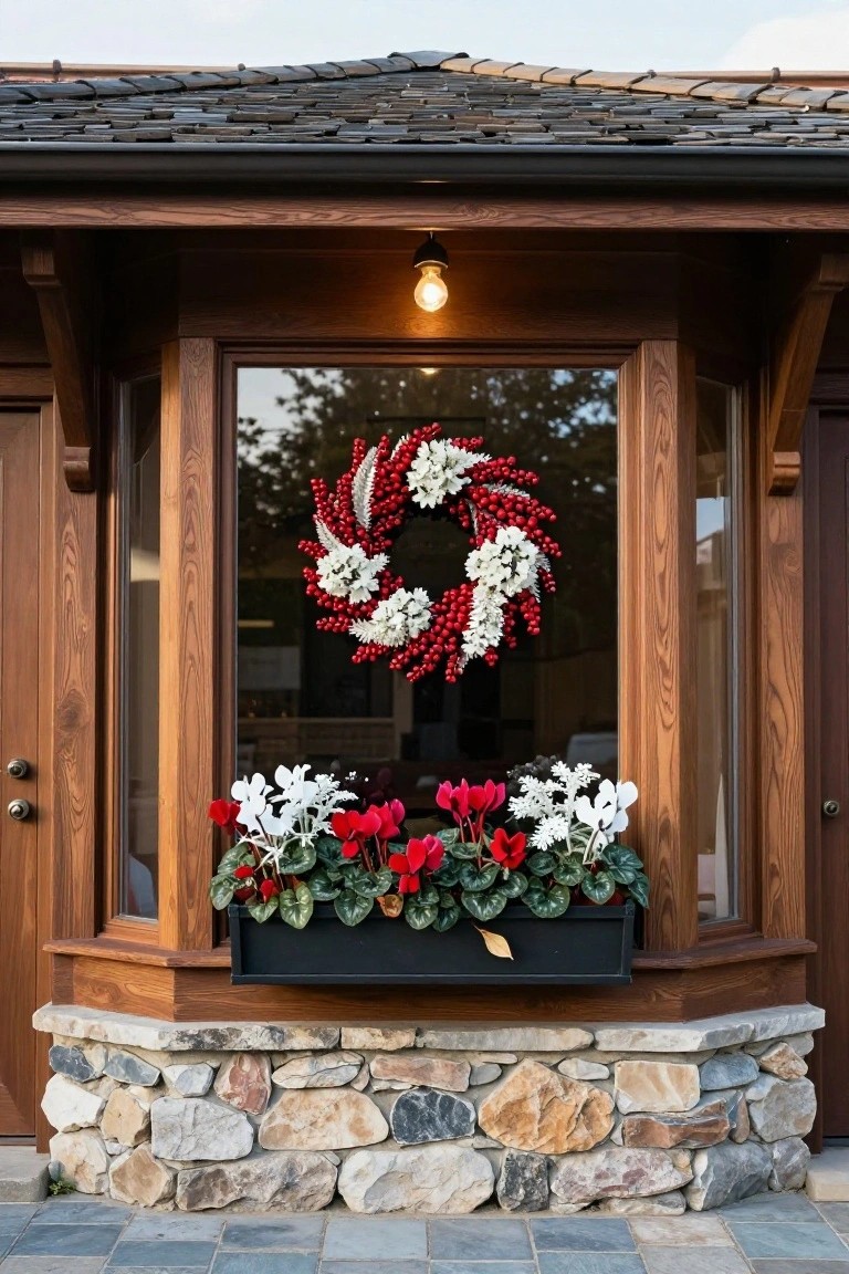 Wooden bay window entryway on a house exterior with a red and white berry wreath hanging on the glass and a black window box of red and white flowers above a stone base and slate path.
