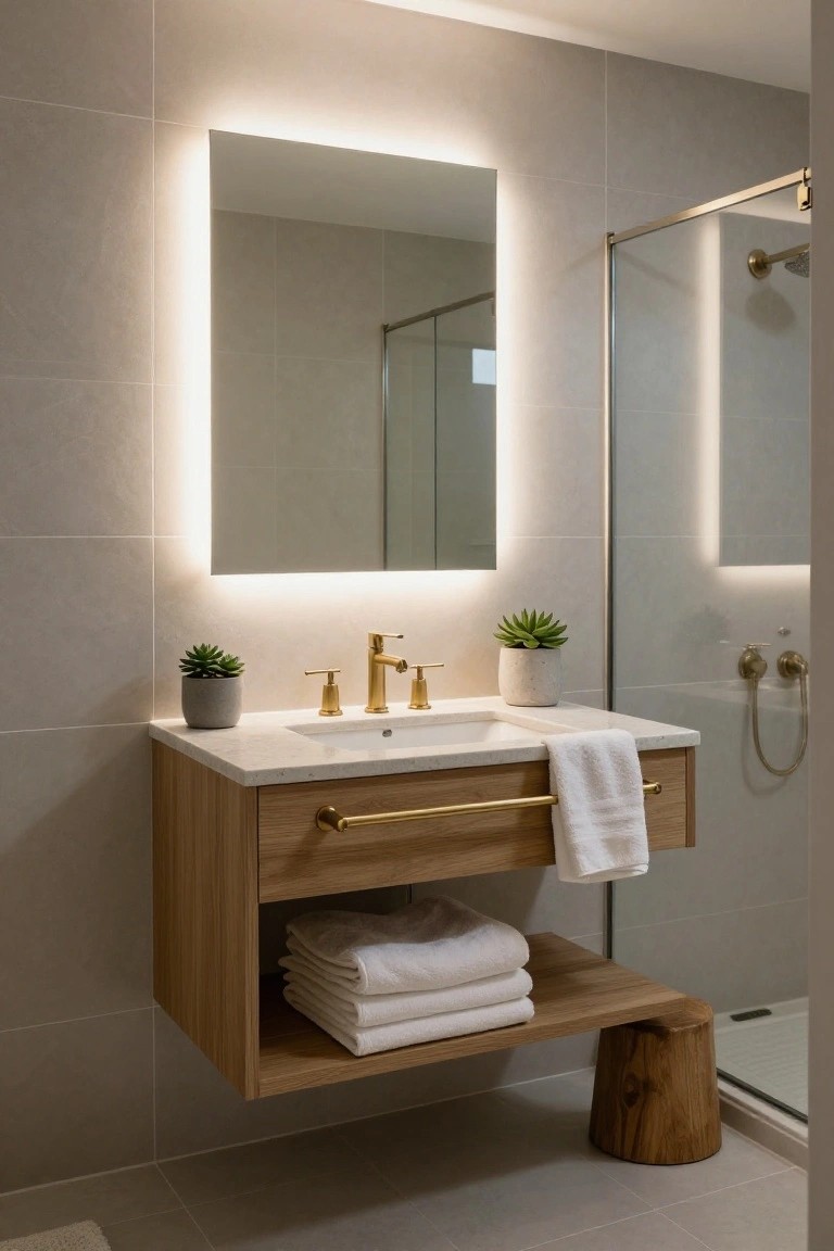Modern bathroom with floating wooden vanity, gold faucet and handles, backlit rectangular mirror, two potted succulents, stacked white towels, wooden stool, and glass shower enclosure against gray tile walls.