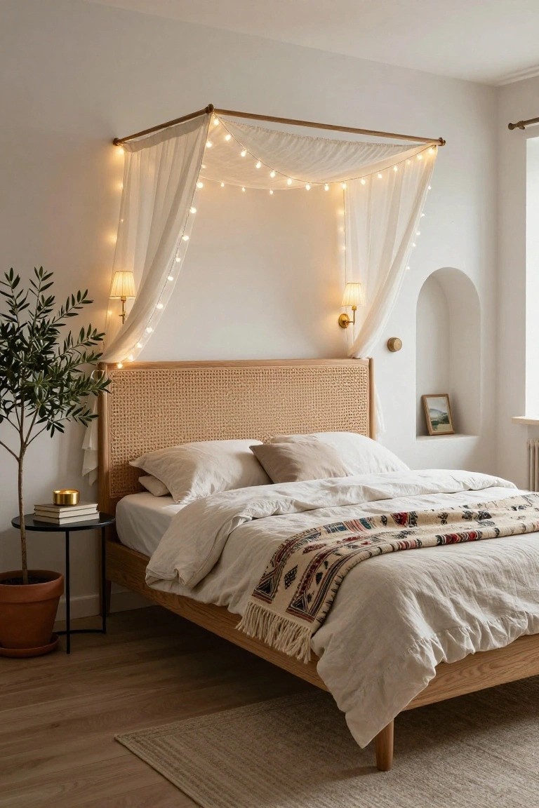 Bedroom featuring a wooden canopy bed with sheer white curtains and warm white string lights draped along the top, rattan headboard, white linens with a patterned throw, olive tree in terracotta pot next to black side table, and wall sconces.