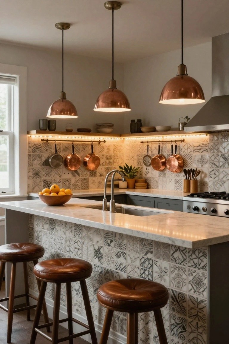 Kitchen with three copper cone pendant lights hanging over a white marble island bar with four brown leather wood stools, gray cabinets, stainless sink and range, blue-gray artistic tile backsplash with hanging copper pots, and under-cabinet LED lighting.