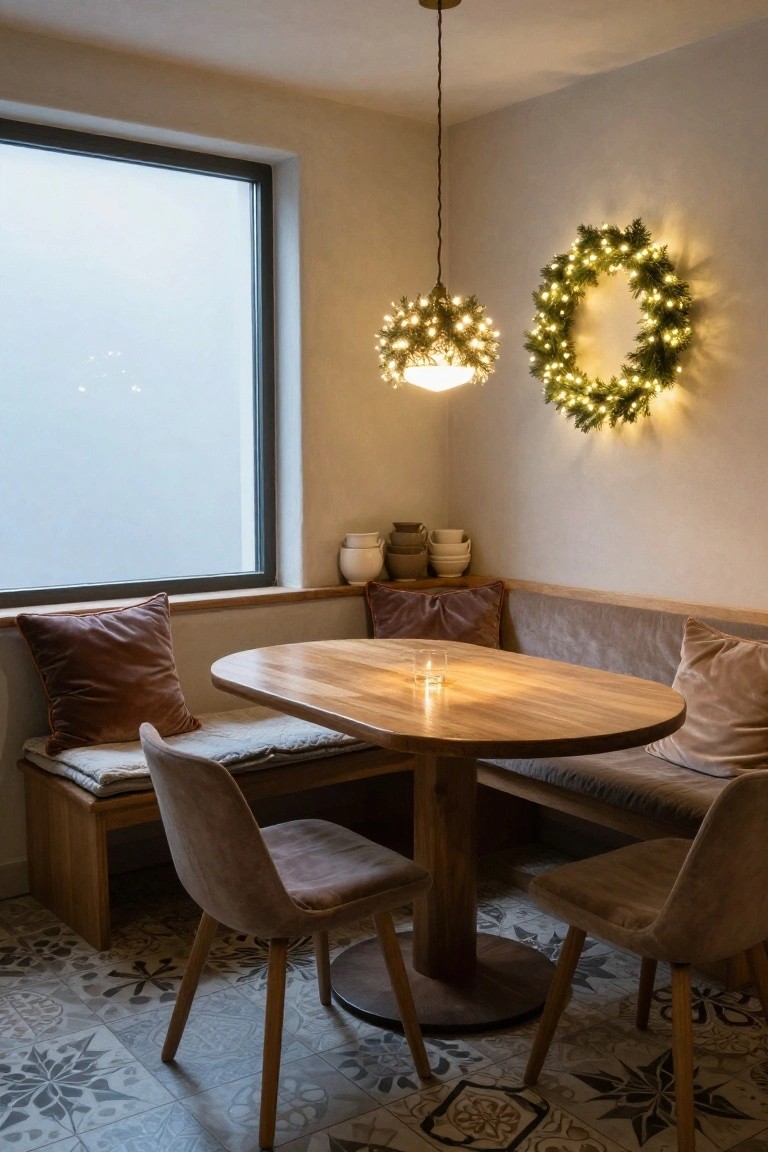 Kitchen corner booth with beige velvet cushions and pillows on wooden bench, oval light wood table with a glass, hanging white pendant light with stars, illuminated green Christmas wreath on beige wall, pottery jars on shelf, large frosted window, and tiled floor.