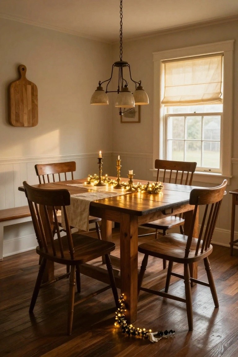Cozy dining room with wooden table and chairs, bench seating, white runner, gold candelabras with candles, warm white fairy lights and garland on table, pendant lamp above, window with shade, wooden cutting board on wall.