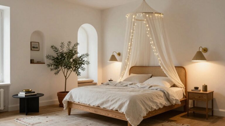 19 Romantic Warm White Christmas Light Ideas for a Soft Holiday Glow Bedroom featuring a wooden canopy bed with sheer white curtains and warm white string lights draped along the top, rattan headboard, white linens with a patterned throw, olive tree in terracotta pot next to black side table, and wall sconces.