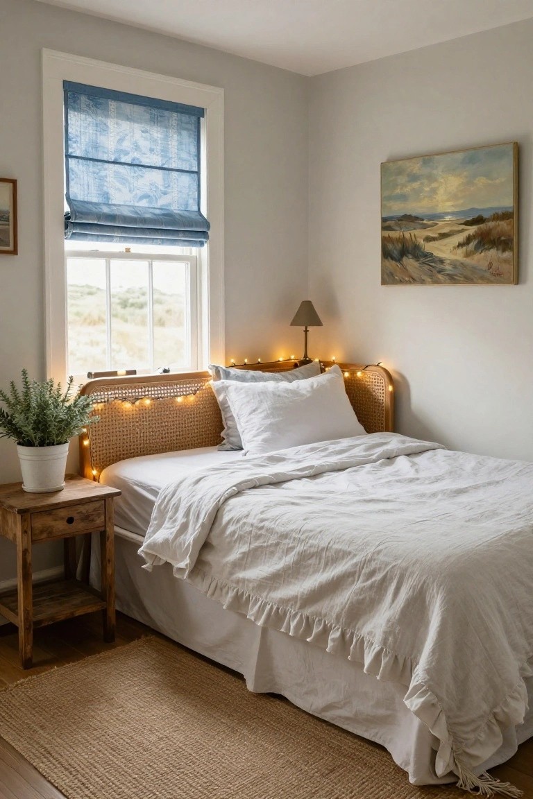 Cozy bedroom corner featuring a rattan headboard bed with warm white string lights draped around it, white linens, wooden nightstand with potted plant, table lamp, and window with blue roman shade.