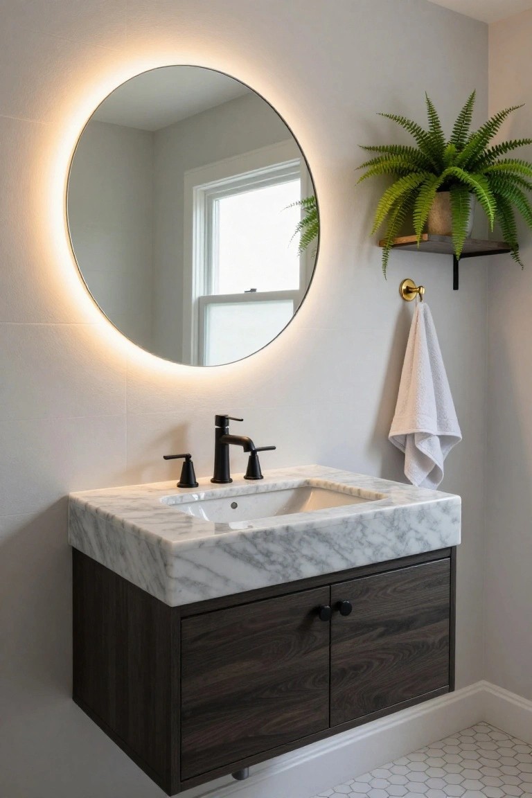 Modern bathroom with floating dark wood vanity topped by white marble sink, matte black faucet, large round mirror with warm white LED edge lighting, gold towel hook with white towel, potted green plant on wooden shelf next to window, white subway tile walls, and white hexagonal floor tiles.