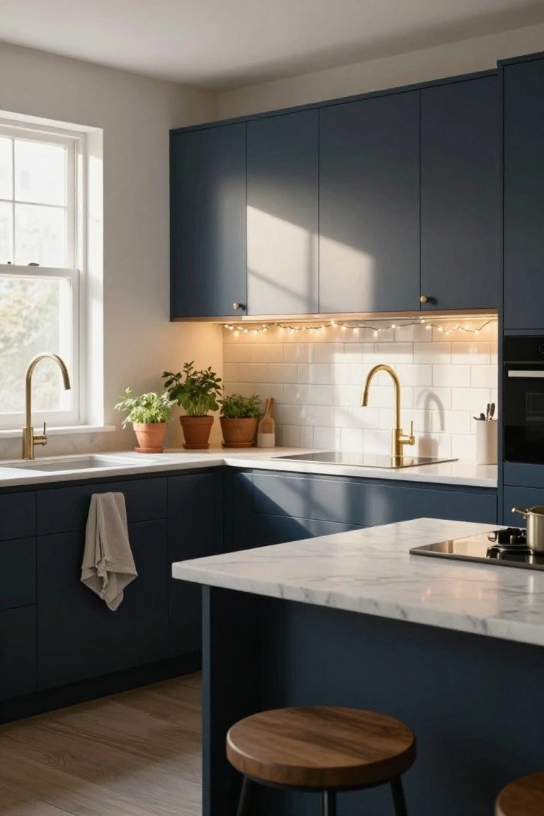 Modern L-shaped kitchen featuring navy blue cabinets, white subway tile backsplash, white marble countertops, gold gooseneck faucets, potted herb plants on the counter, a dish towel hanging from a cabinet door, an induction cooktop with a pot, wooden bar stools at the island, and warm white string lights installed under the upper cabinets.