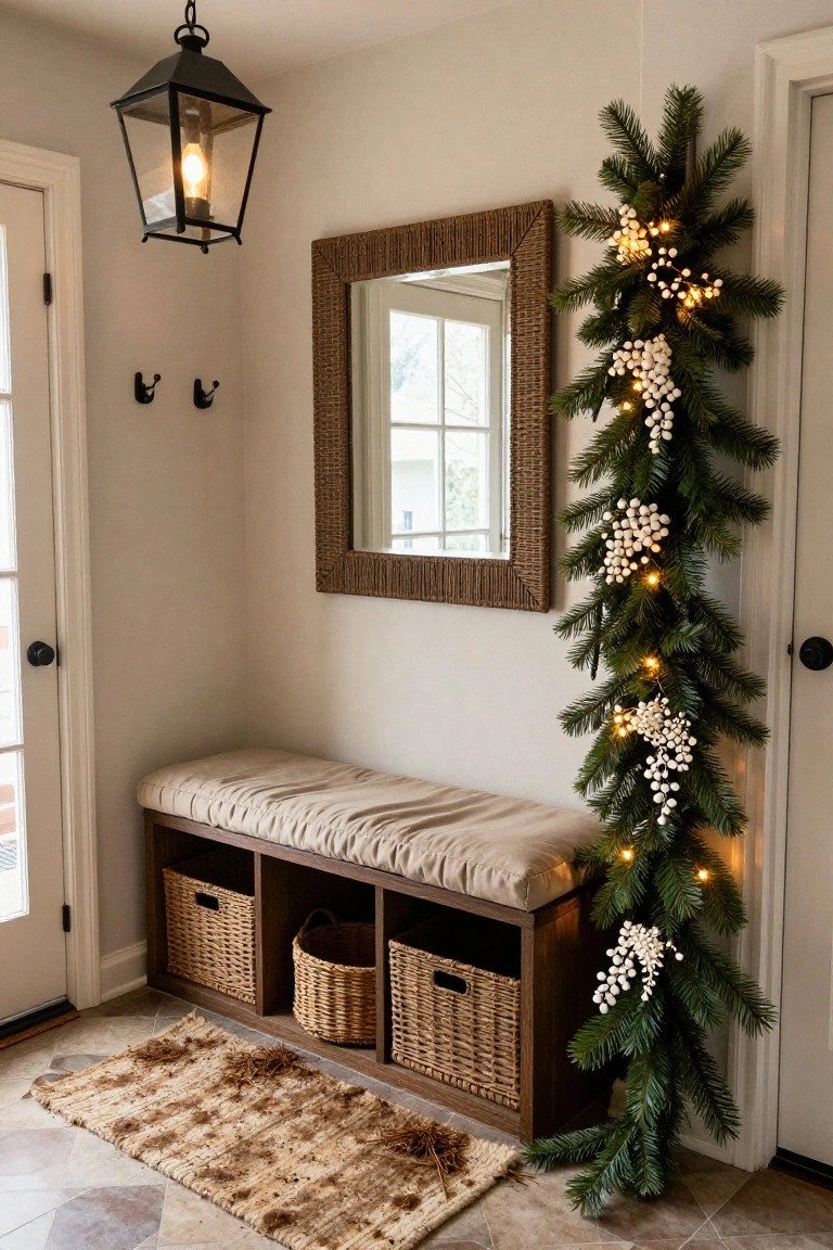 Entryway corner with beige cushioned bench on wood frame, two wicker storage baskets underneath, rattan mirror on wall, coat hooks, black lantern pendant light, and tall green garland with white berry clusters and warm white fairy lights draped vertically beside the door.
