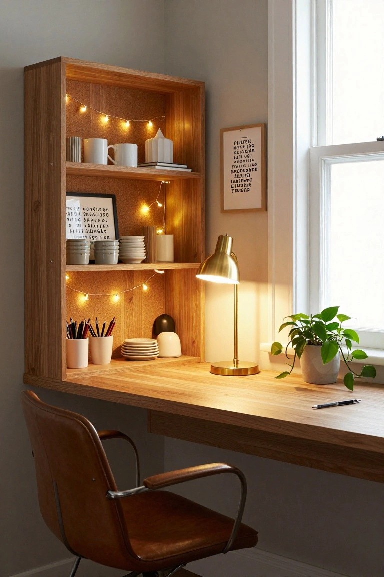 Warm String Lights in Open Shelves