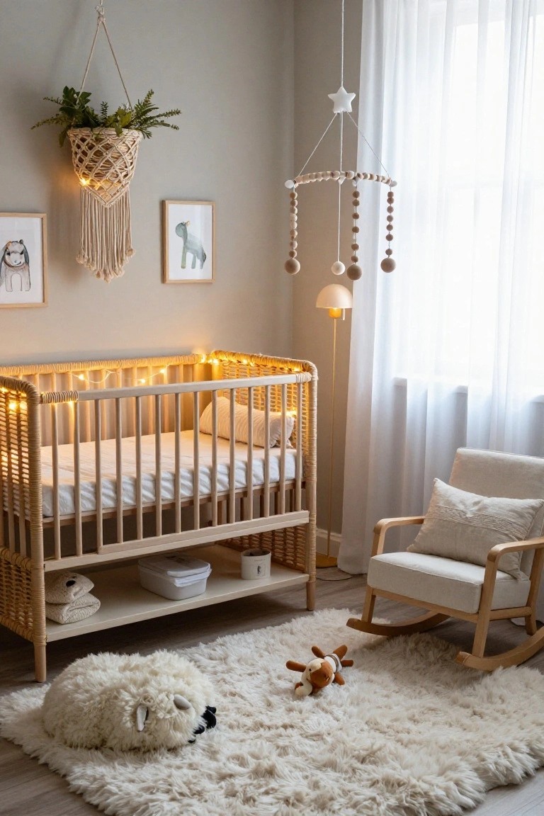 Light gray nursery with wooden crib strung with warm white fairy lights, fluffy white sheep rug on floor, rocking chair nearby, hanging plants, and macrame decor.