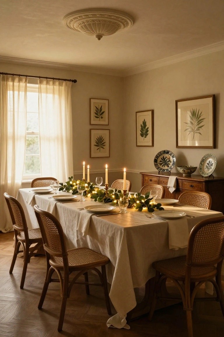 A dining room with a long white-linen-covered table centered with eucalyptus garland strung with warm white fairy lights, flanked by candles, plates, glasses, and rattan chairs, next to a wooden sideboard holding blue and white dishes in a beige room with sheer curtains and botanical prints on the walls.