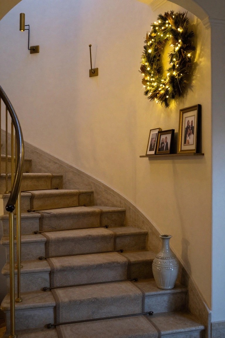 Spiral staircase with beige carpeted stone steps and gold handrail in a light-colored interior, lit evergreen wreath on the wall, framed photos on a shelf, wall sconces, and white vase on a step.