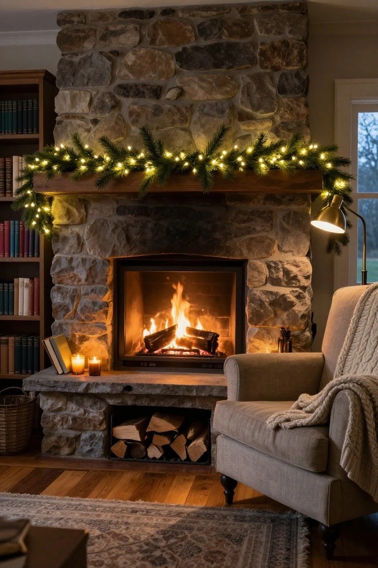 Stone fireplace in a cozy living room with evergreen mantel garland strung with warm white fairy lights, burning fire, nearby armchair with throw blanket, bookshelves, candles, and firewood stack.