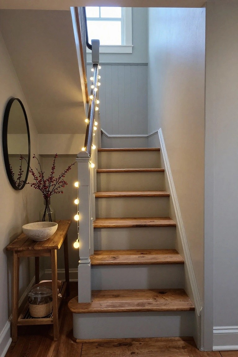 Wooden staircase in a light gray-blue painted stairwell with warm white string lights wrapped around the railing, round black mirror, wooden console table holding berries in a vase and a white bowl.