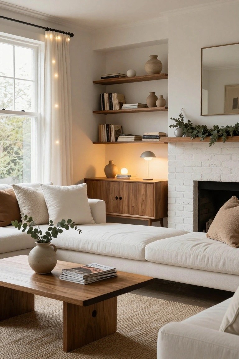 Living room interior with white sofa, wooden coffee table and credenza, brick fireplace, built-in wooden shelves with books and pottery, sheer white curtains on large window draped with warm white string lights, and eucalyptus branches on furniture.