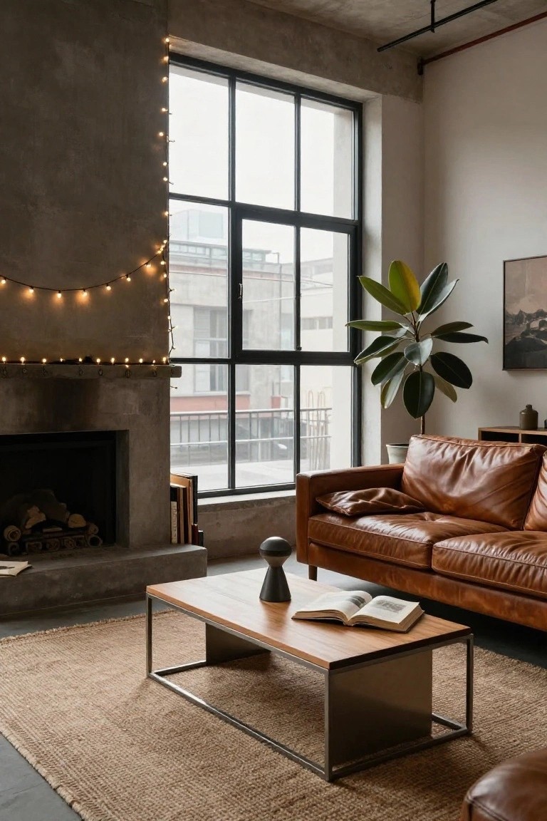 Loft living room with exposed concrete walls, large metal-framed windows overlooking city buildings, tan leather sofa, wooden coffee table with open book and vase, potted plant, fireplace, and warm white string lights draped along the wall edge.