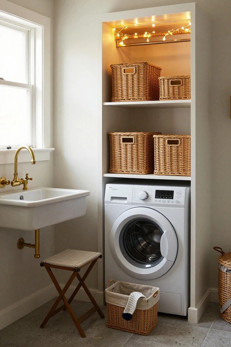 Tall white open shelving unit filled with wicker baskets in a laundry room, illuminated by warm white string lights along the top shelf, positioned next to a white farmhouse sink, front-loading washer, wooden stool, and gray tile floor.