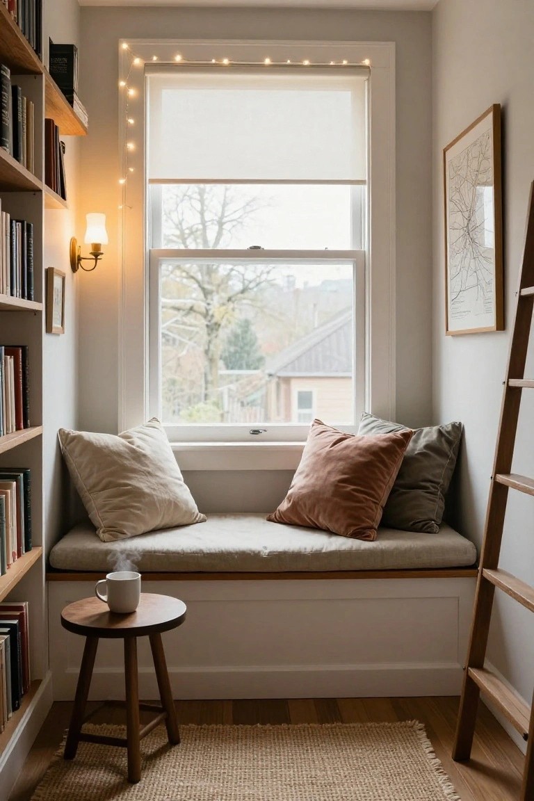 Cozy indoor reading nook featuring built-in bookshelves, a window seat with cream and pink pillows, a small wooden side table holding a steaming white mug, warm white string lights along the window, a wall lamp, framed art, and a wooden ladder shelf against pale walls and wood floors.
