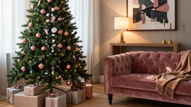 A lit Christmas tree decorated with rose gold baubles and lights stands in a living room corner next to a rust-colored velvet sofa, with a marble fireplace, gold candlesticks, and stacked wrapped gifts on the floor.