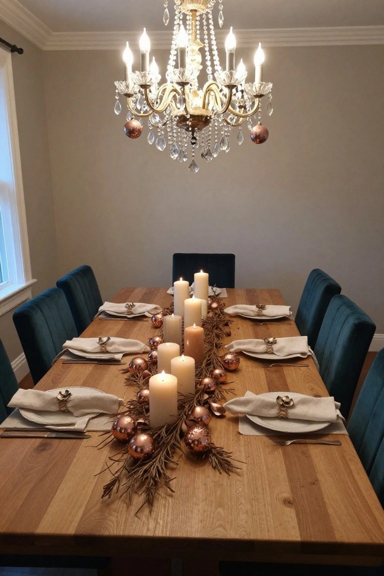Dining room table with wooden surface set for a meal, featuring a centerpiece runner of white pillar candles, rose gold Christmas baubles, dried branches, and beige napkins with metallic rings, surrounded by teal velvet chairs and lit by a crystal chandelier.
