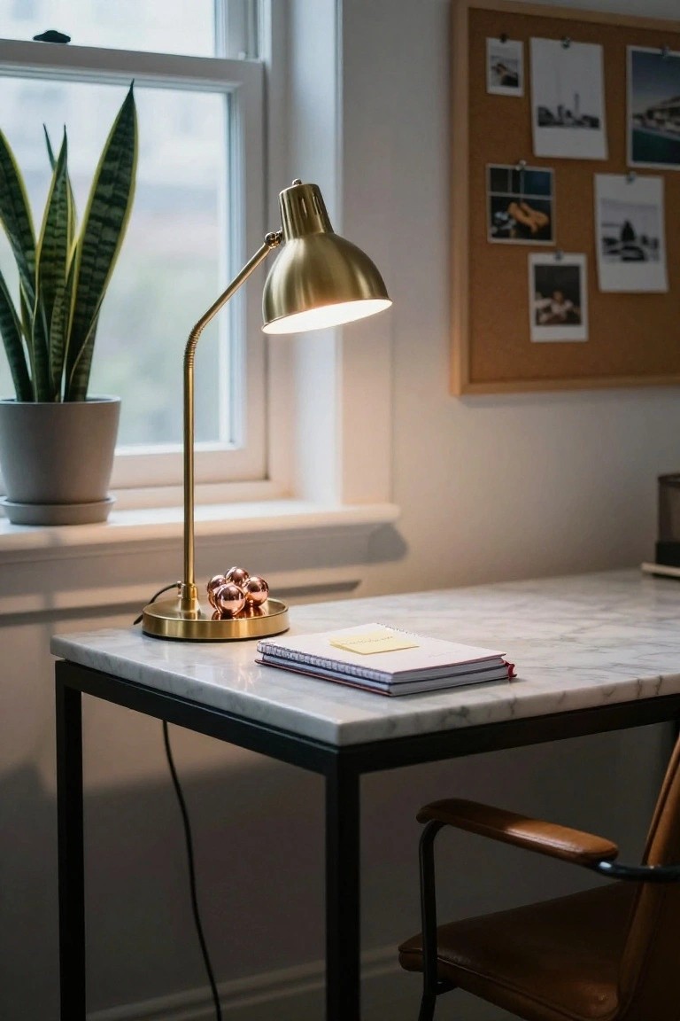 Gold adjustable-arm desk lamp with rose gold spheres on the base on a white marble-top metal desk, next to a snake plant in a gray pot, corkboard wall, tan leather chair, and window in a light room.