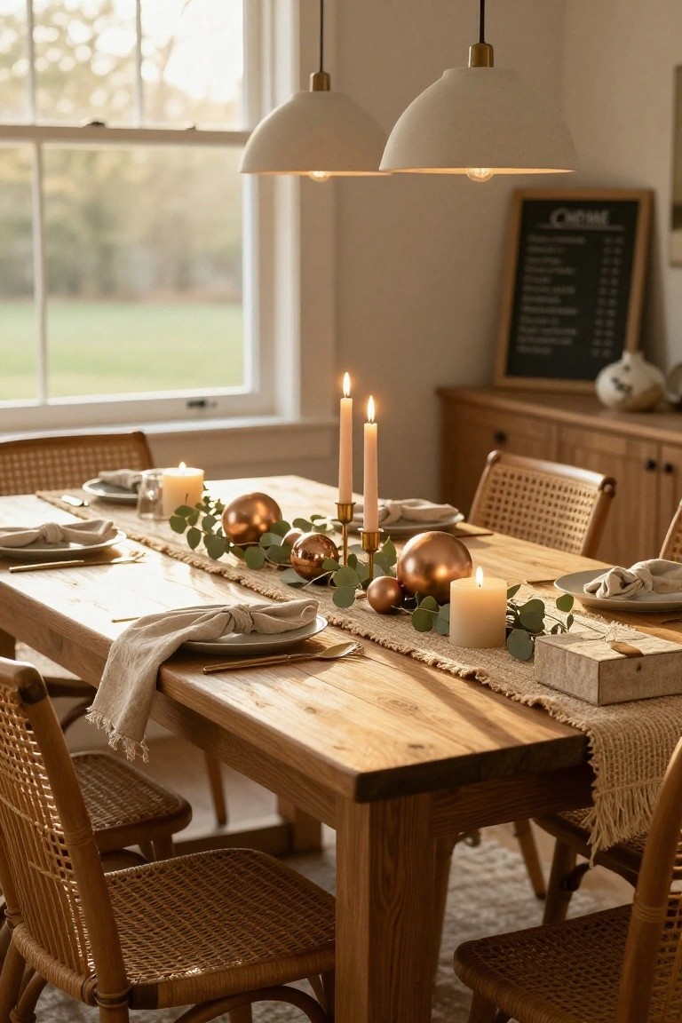Dining table set with beige plates, linens, rose gold spheres, eucalyptus branches, and candles on a jute runner, surrounded by rattan chairs in a room with pendant lights and a window view of grass outside.