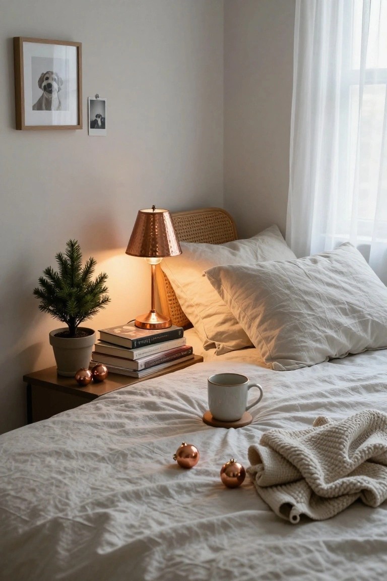 Corner of a bedroom with rattan headboard, white linen bedding and pillows, wooden nightstand holding stacked books, small potted Christmas tree, copper lamp, and rose gold baubles, plus a white mug on a coaster on the bed and sheer window curtains.