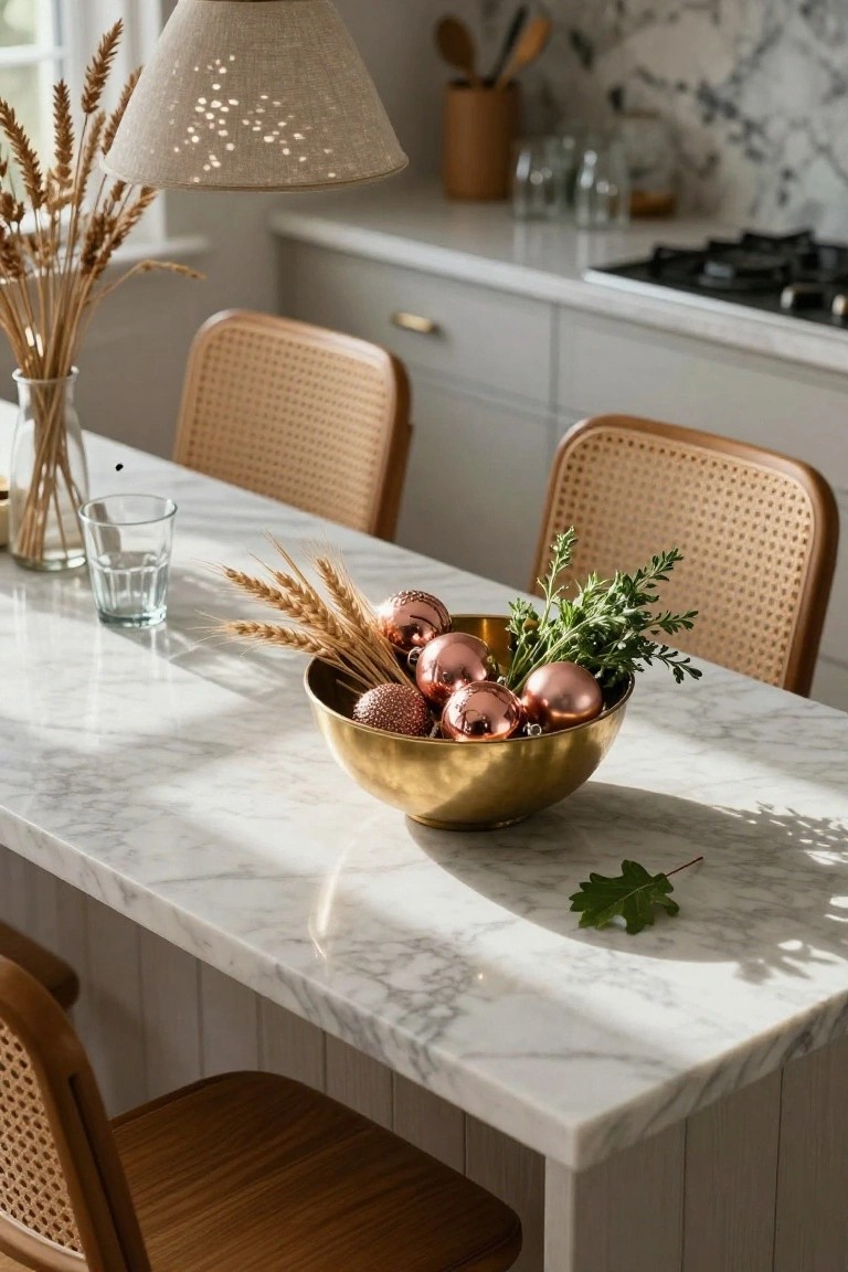 Brass bowl on white marble kitchen island filled with rose gold Christmas ornaments, wheat sheaves, and green herbs, flanked by rattan chairs under a linen pendant light.