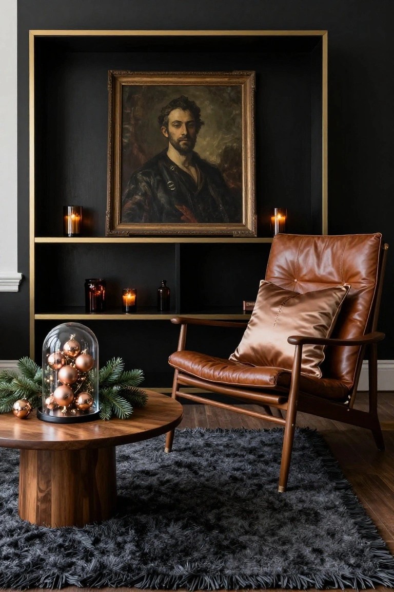Dark wood shelves with gold frame and candles hold a glass dome on a wooden coffee table containing rose gold Christmas ornaments and fir branches, next to a tan leather armchair on a black shag rug.