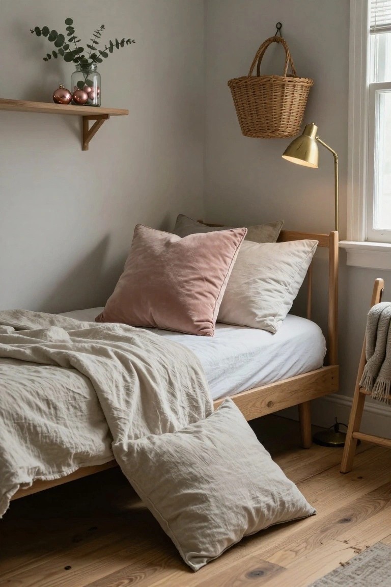 Corner of a light gray bedroom with oak floating shelf displaying eucalyptus in glass jar and rose gold Christmas ornaments, wooden bed with pink velvet pillows and beige linen bedding, brass lamp, hanging wicker basket, and wooden stool with gray throw.