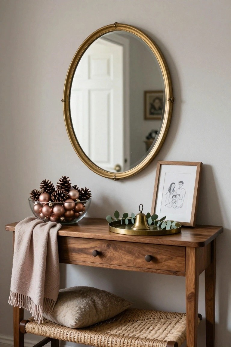 Wooden console table against a light gray wall under a gold oval mirror, topped with a glass bowl of rose gold Christmas balls and pinecones, a brass tray holding a bell and eucalyptus, a framed family drawing, and a draped pinkish throw.