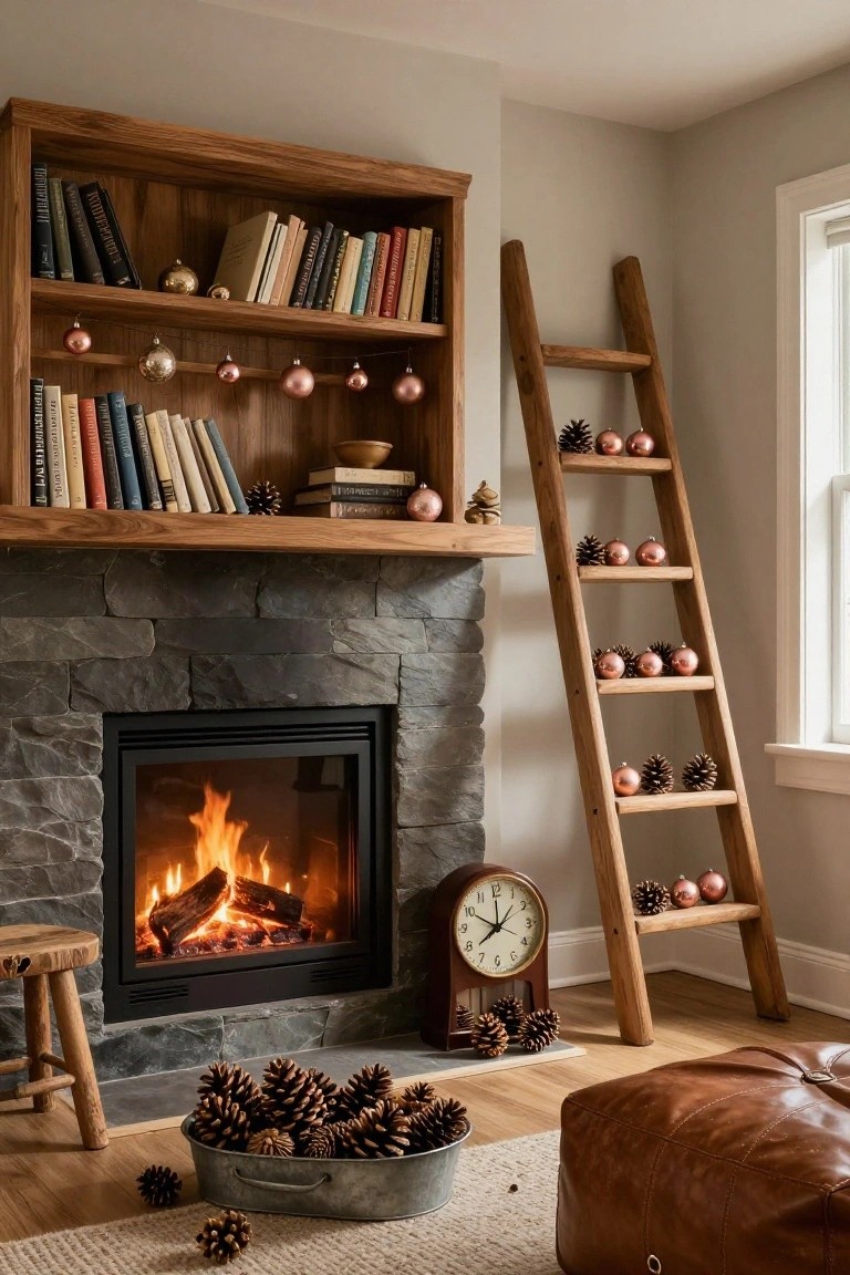 Wooden ladder shelf leaning against a wall beside a stone fireplace in a living room, decorated with rose gold Christmas ornaments and pinecones on each rung, with bookshelves, a clock, stool, and leather pouf nearby.
