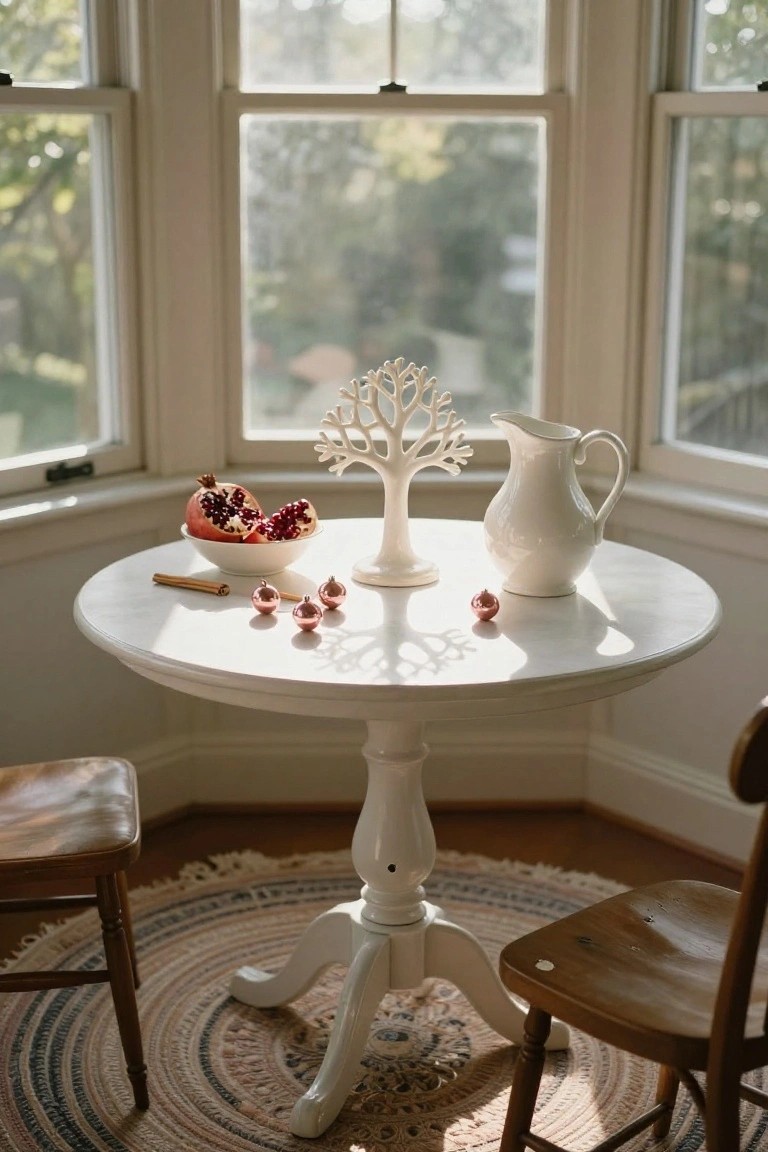 White round pedestal table in a bay window nook with a bowl of split pomegranates, scattered small rose gold ornaments, cinnamon sticks, white coral tree sculpture, white pitcher, and wooden chairs on a patterned rug.