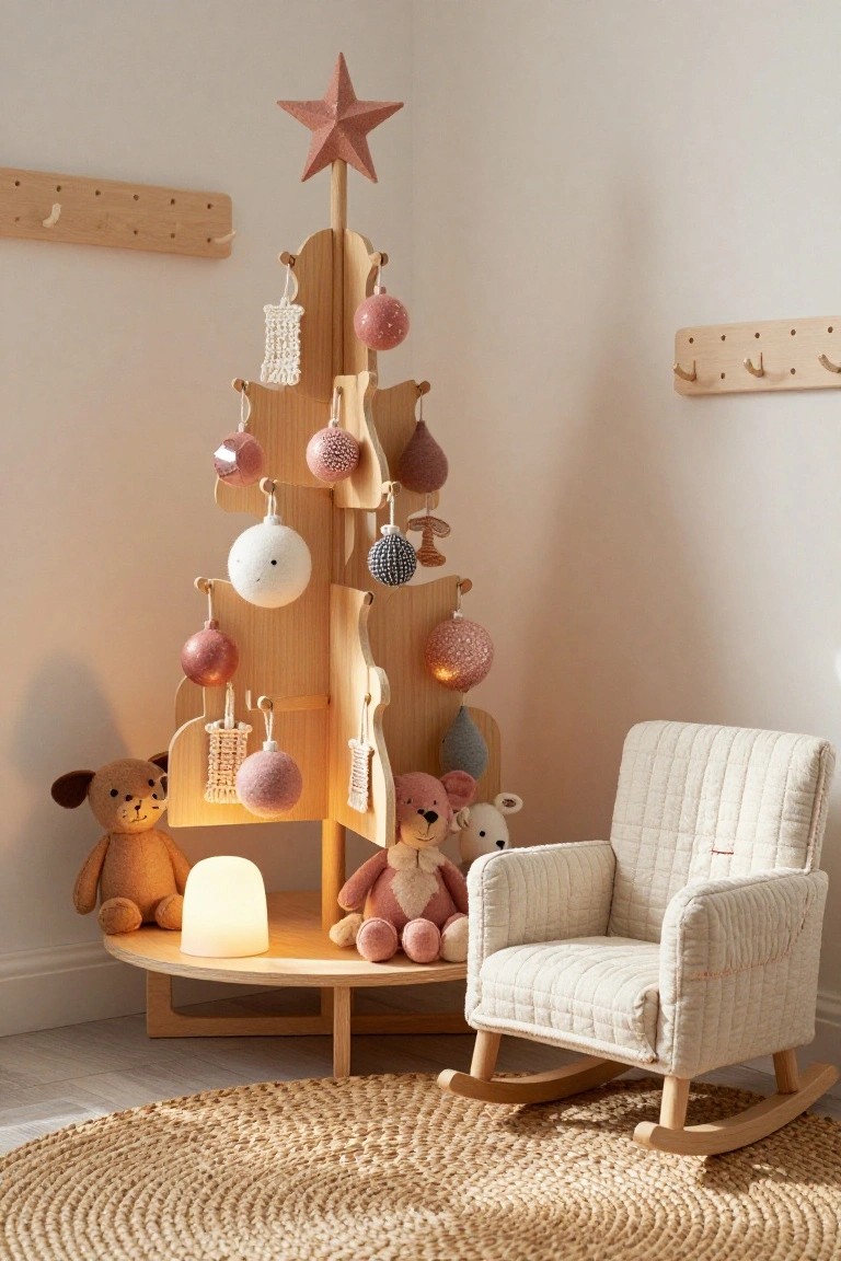 Corner of a light-colored children's room with a tall wooden Christmas tree shelf decorated in rose gold and pink ornaments, stuffed animals at the base near a round wooden table with a lamp, a white quilted rocking chair, and a seagrass rug on the floor.