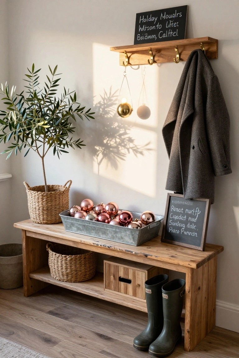 Rustic wooden entry bench with galvanized tray of rose gold Christmas ornaments, potted olive tree in basket, green wellington boots, woven basket, coat hanging from overhead wooden rack with brass hooks and holiday chalkboard signs on white wall.