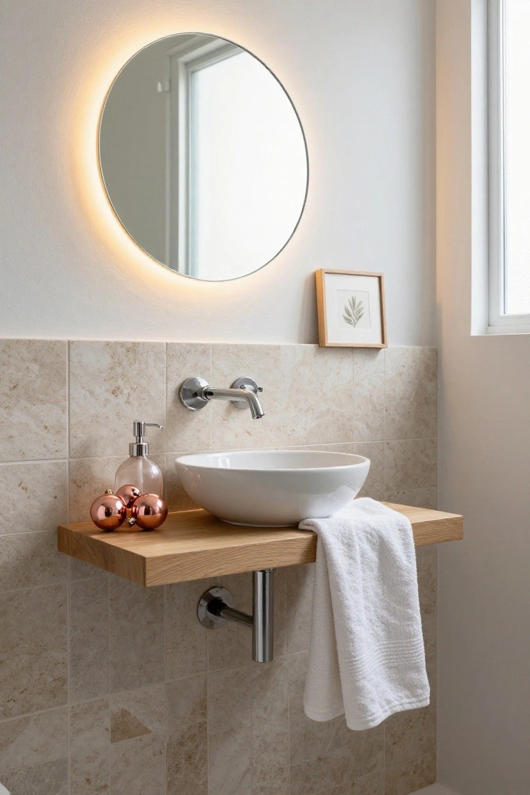 Modern bathroom vanity with white bowl sink on oak shelf, cluster of rose gold Christmas ornaments, glass soap dispenser, chrome wall faucet, beige tiled wall, white towel hanging from pipe, and round backlit mirror.
