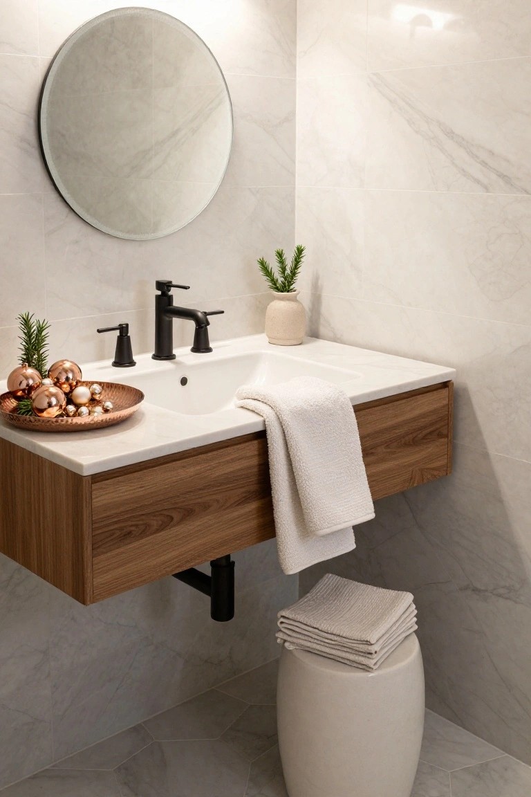 Modern bathroom corner with floating wood vanity, white marble countertop and backsplash, black faucet, round frameless mirror, copper tray of rose gold and metallic Christmas ornaments with pine sprigs on counter, draped white towel, stacked towels, and white ceramic stool below.