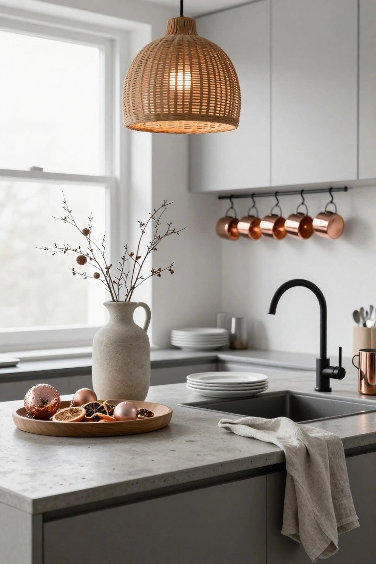 Kitchen counter with wooden platter holding rose gold Christmas ornaments and dried orange slices next to a white ceramic vase of branches, copper pots on wall rack above sink with black faucet.