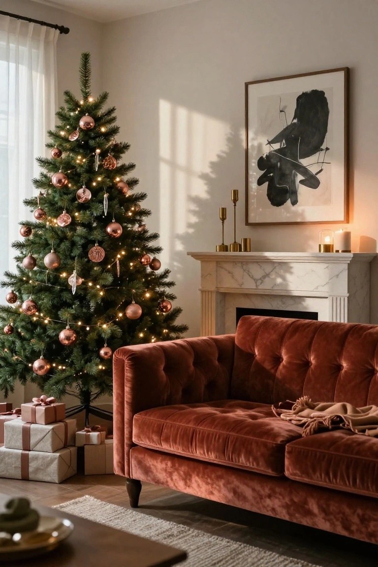 A lit Christmas tree decorated with rose gold baubles and lights stands in a living room corner next to a rust-colored velvet sofa, with a marble fireplace, gold candlesticks, and stacked wrapped gifts on the floor.