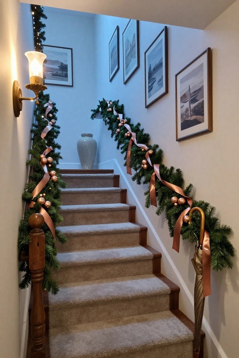 Carpeted interior staircase with wooden banister decorated by evergreen garlands wrapped in rose gold ribbons and metallic ornaments, plus a wall lamp and framed landscape photos.