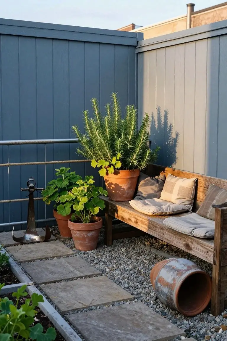 Wooden bench with neutral cushions against a blue-grey vertical board fence on a gravel patio with stone pavers, surrounded by terracotta pots of rosemary and geranium plants near a metal railing.