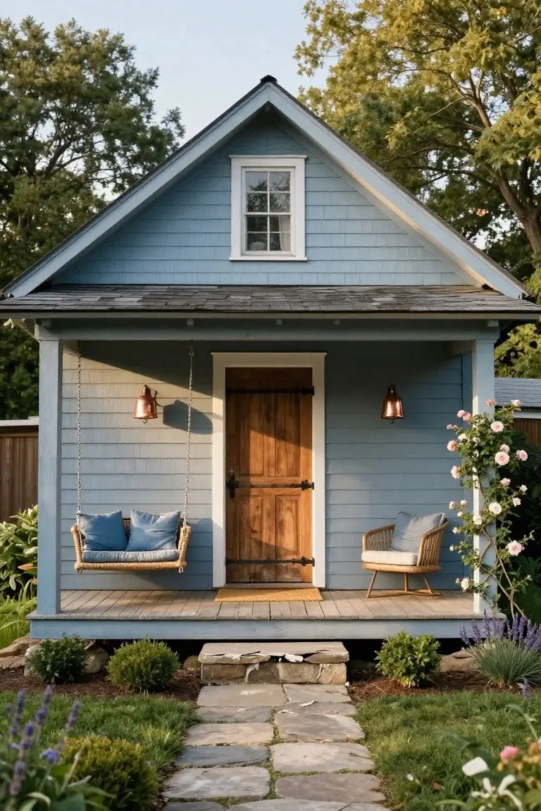 Small blue shingled house exterior with covered front porch, hanging porch swing with blue cushions, wooden door, copper lanterns, wicker chair with cushion, stone walkway, and garden plants.