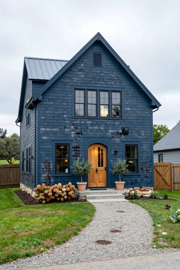 A two-story house with dark blue-grey shingle siding, gabled metal roof, black windows, arched wooden front door flanked by potted olive trees, hydrangea bushes, gravel pathway, and grassy yard.