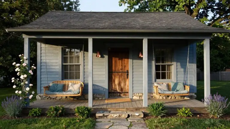 Small blue shingled house exterior with covered front porch, hanging porch swing with blue cushions, wooden door, copper lanterns, wicker chair with cushion, stone walkway, and garden plants.