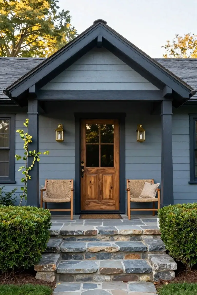 Front exterior of a blue-grey clapboard house featuring a dark-trimmed gabled porch with wooden paneled door, two rattan chairs with cushions, gold lanterns, flagstone steps, boxwood shrubs, and a vine on one post.