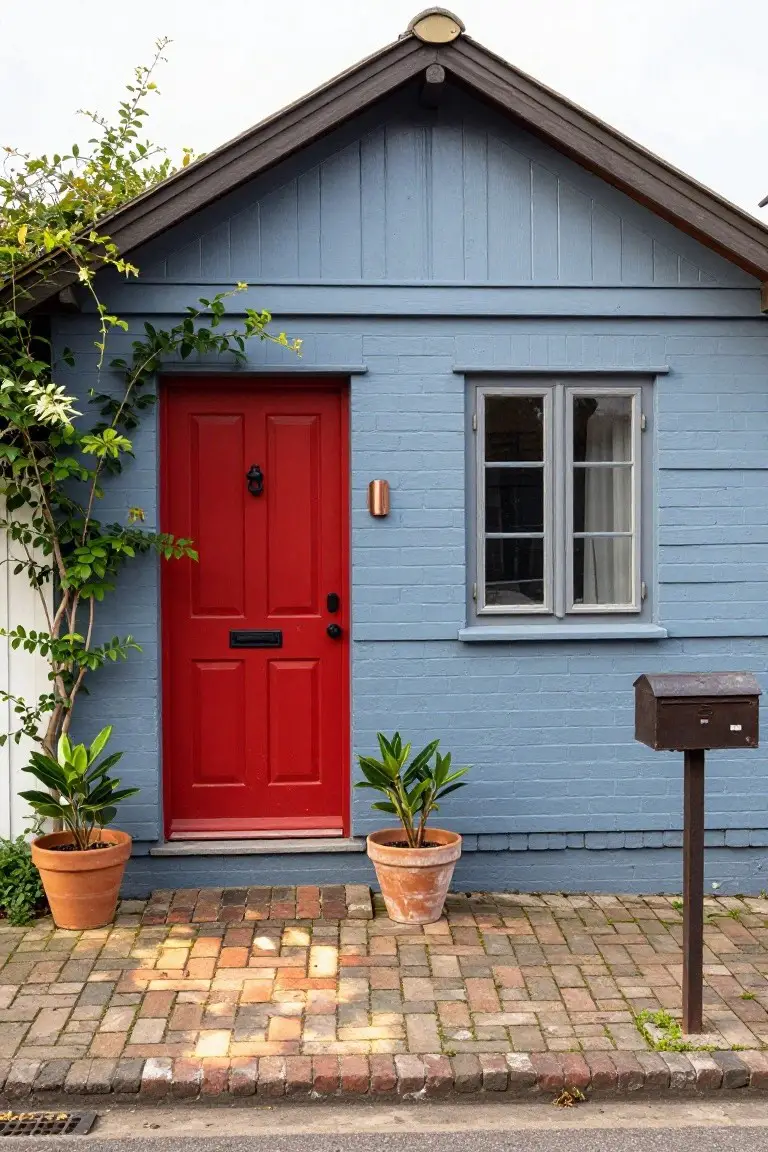 A small light blue clapboard house with dark shingled roof, bright red paneled front door flanked by terracotta pots with plants, climbing vines on the left side, a double window on the right, and a black metal mailbox on a brick-paved path.