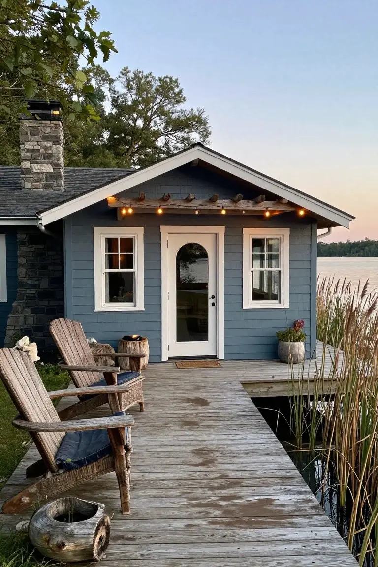 Small blue clapboard cabin with white arched glass door, double-hung windows, stone chimney, and shingle roof on a weathered wooden dock extending over a lake with cattails, two Adirondack chairs on the dock, string lights overhead, trees and plants nearby.