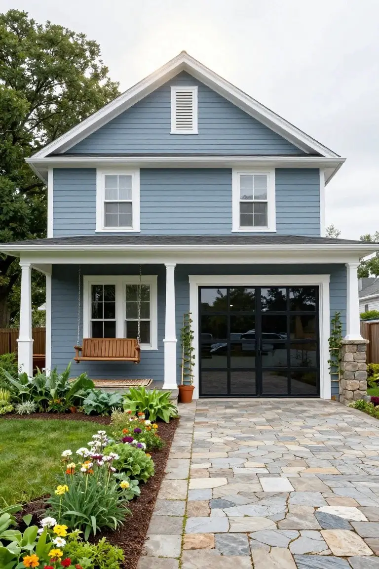 A two-story house with blue-grey clapboard siding, white trim, gabled roof, covered front porch with wooden swing, black-framed double garage doors, stone pillars, and flower beds along a flagstone pathway.