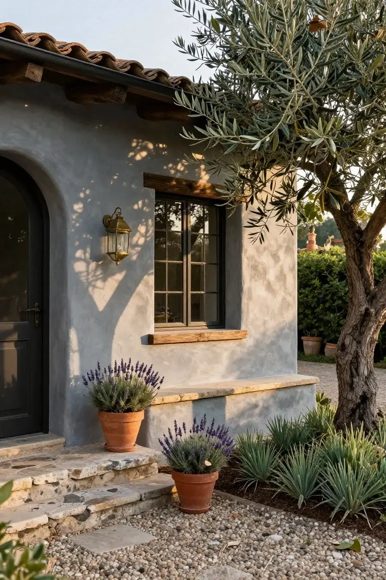 Grey stucco house exterior with arched black door, wood-framed window, brass lantern light, stone steps flanked by terracotta pots of lavender, overhanging olive tree, gravel ground, and agave plants.