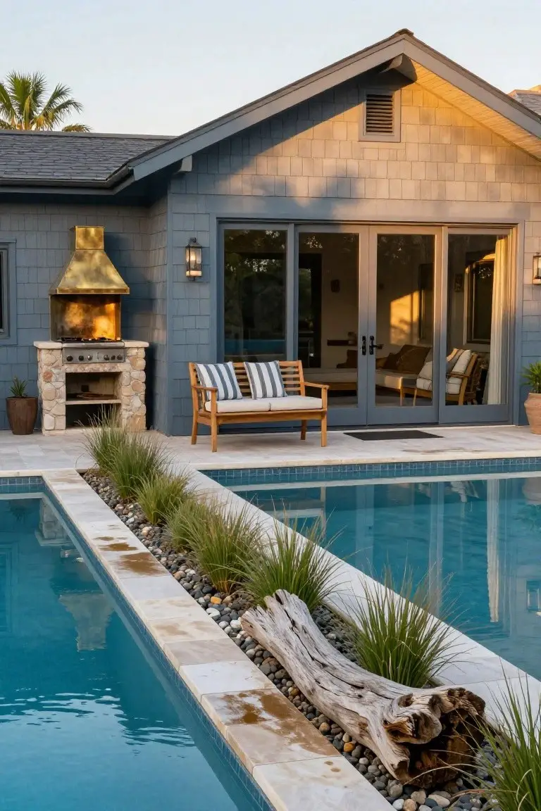 Blue-grey shingle-clad house wall with built-in stone BBQ grill under brass hood, teak bench on patio adjacent to turquoise pool edged with grasses, pebbles, and driftwood.